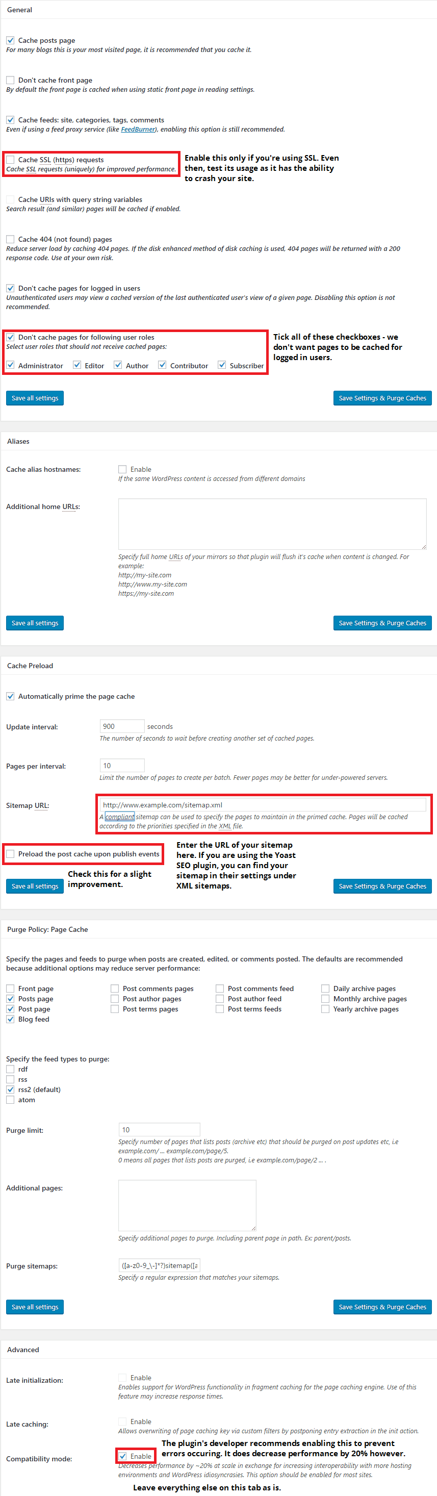 The ideal settings for W3 Total Cache plugins page cache tab