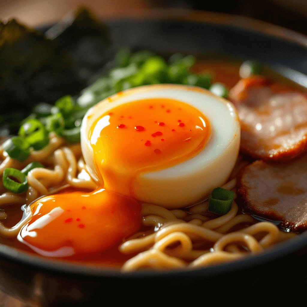 Half a boiled egg bowl of ramen, a splash of chilli oil.