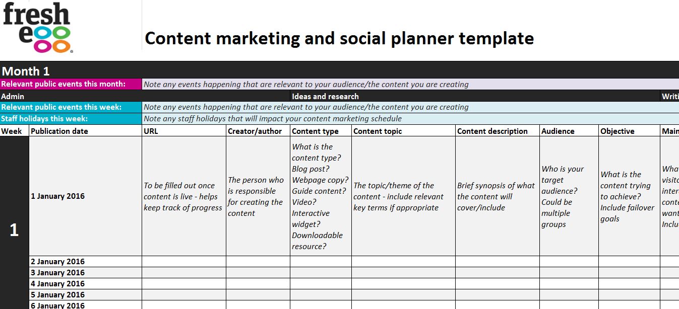 Content marketing planner blank template – admin section