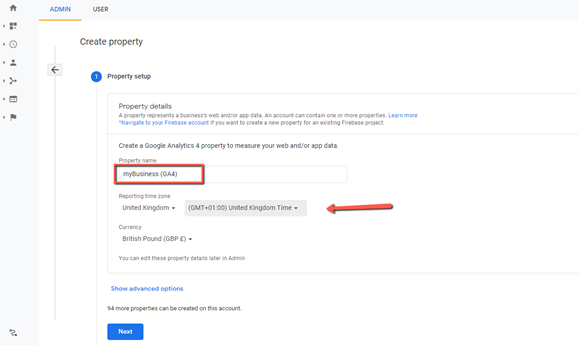 select a property name and appropriate time zone and currency