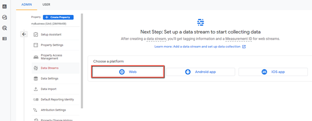 setup a new web data stream for GA4