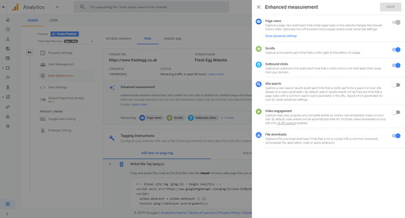 Google Analytics Web + App enhanced measurement screen