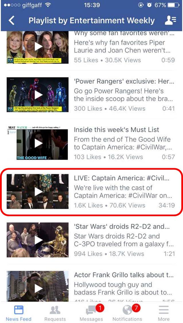 Entertainment Weekly’s previous live video in its ‘videos’ folder on Facebook