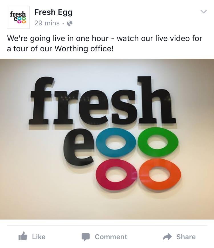 Fresh Egg notifying followers about live video 