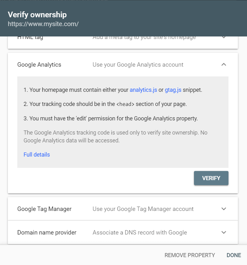 Google Analytics verification method