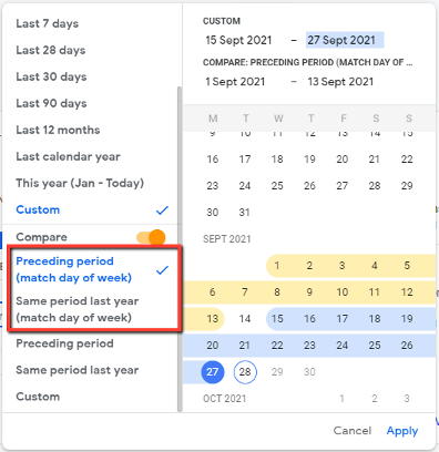 GA4 Compare dates function