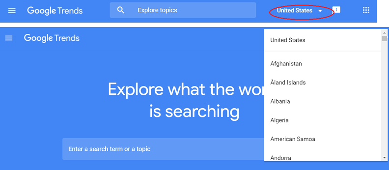 Screenshot of Google Trends country selector
