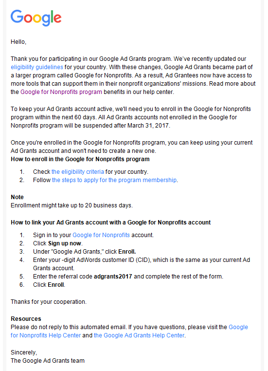 Google Grants email update