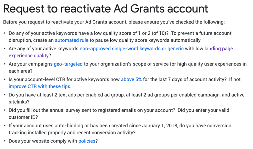Google Grants: Request to Reactivate