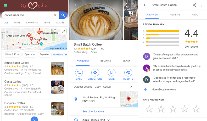 Screenshots from Google search and Google MyBusiness showing a coffee shop
