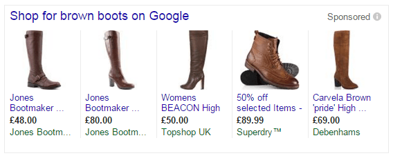 Google shopping results for brown boots