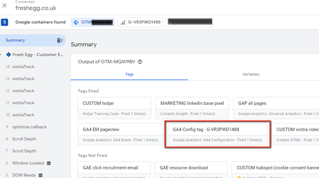 Google Tag Manager preview showing the GA4 config tag firing as expected