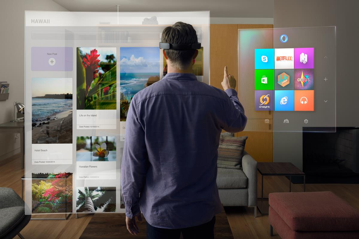 Promo image of the HoloLens in action from the Microsoft News Center