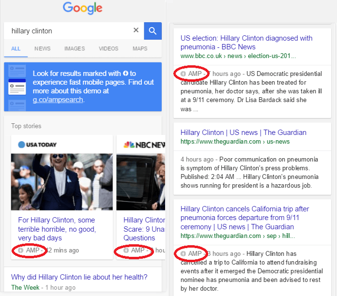 Hilary Clinton AMP mobile search results