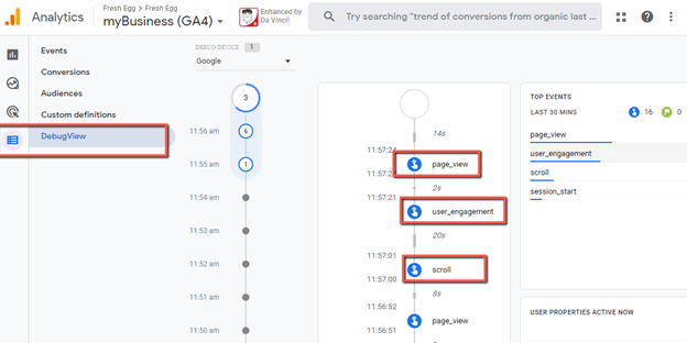 the DebugView in GA4 shows provides a real time feed of all GA4 events that are being sent 