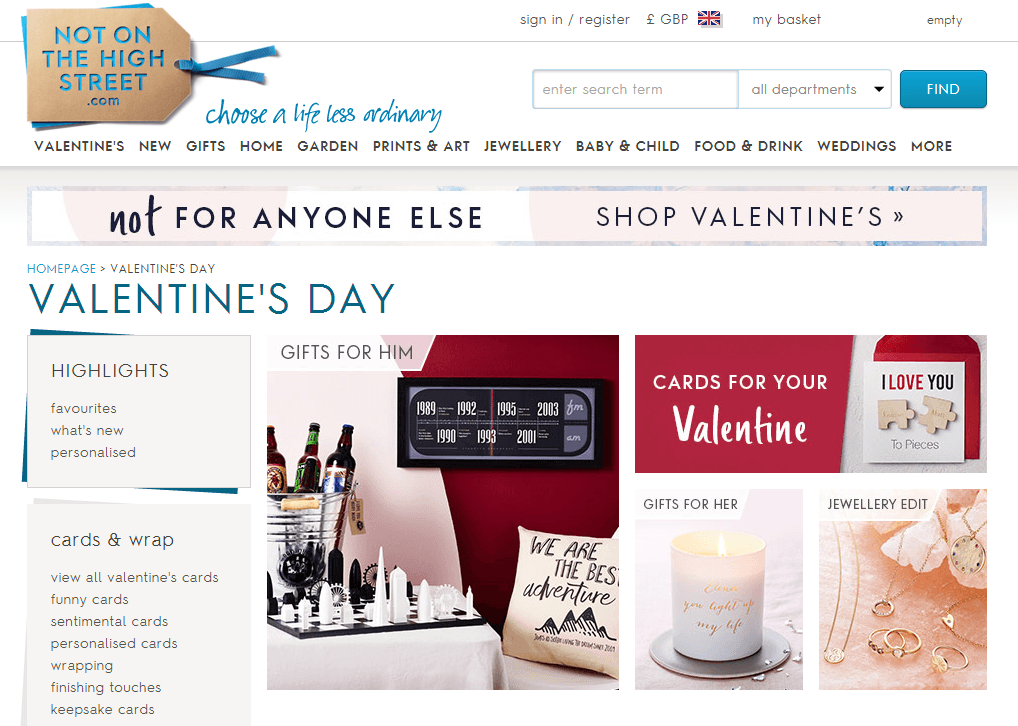 Not on the High Street's Valentine's Day theme landing page