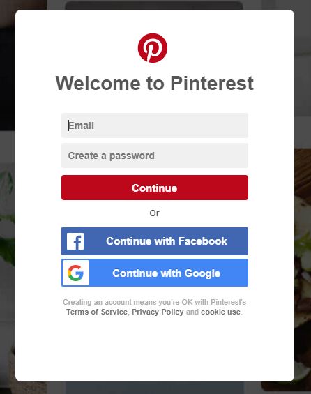 Pinterest's log in with Google option.