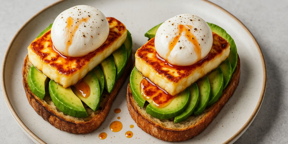 2x Poached on toast with hot honey halloumi and avocado.