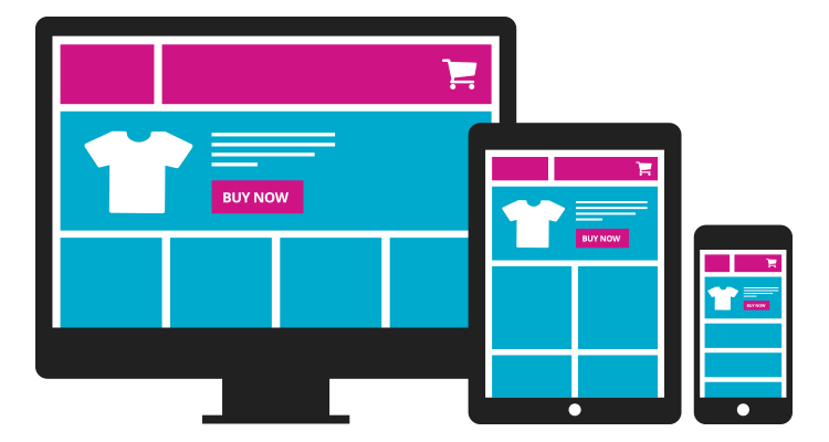 Graphic of responsive design ecommerce website on desktop, tablet and smartphone