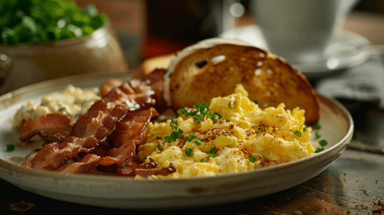 Scrambled egg sourdough toast and bacon