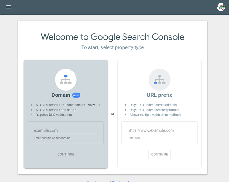 Google Search Console welcome screen