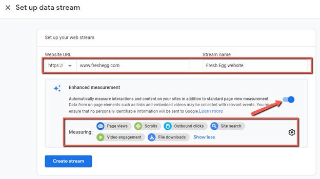 set the URL, name the data stream and enable enhanced measurement for GA4 