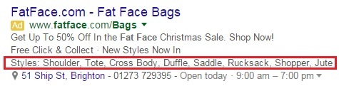 Structured snippet extensions for Fat Face bags result