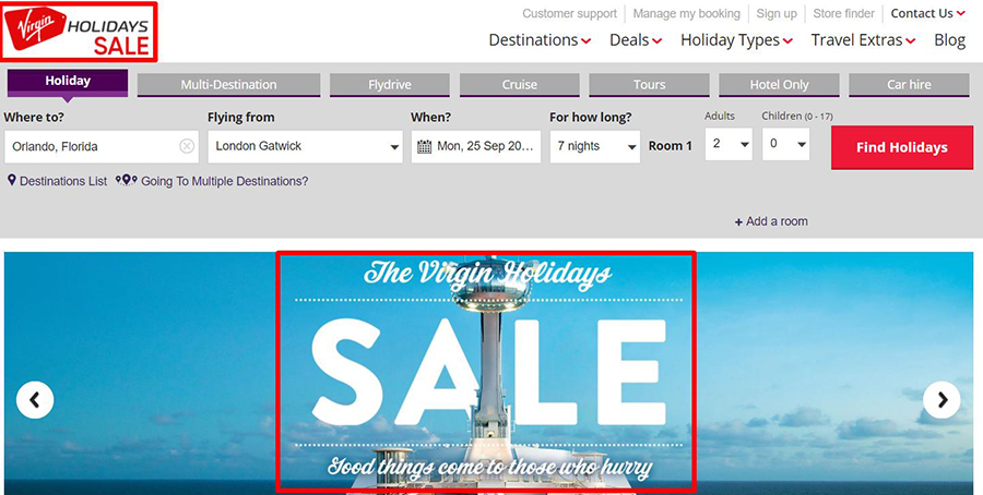 Virgin holidays heavily promoting ‘sale’ items when a user begins holiday hunting