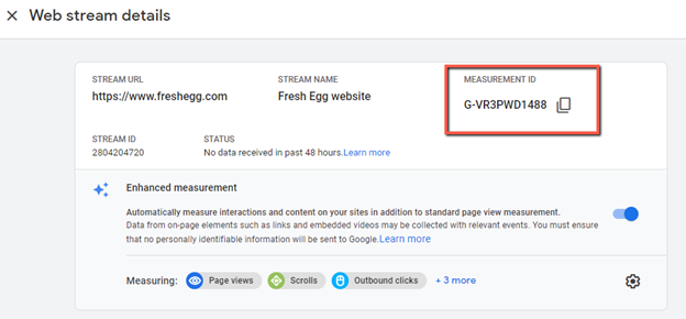 GA4 web stream details: copy the measurement ID here